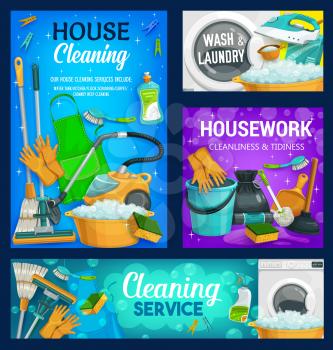 House cleaning service, home cleaners, household housework and laundry, vector. House cleaning spray, bucket and brush, laundry washing detergent, broom and floor mop, soap and clean shines