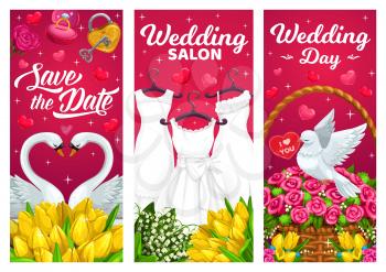 Wedding day, marriage banners with bridal dresses, swans couple and white dove. Tulips, roses and lily of the valley flowers bouquets, key from heart and ring hand drawn vector. Wedding salon poster