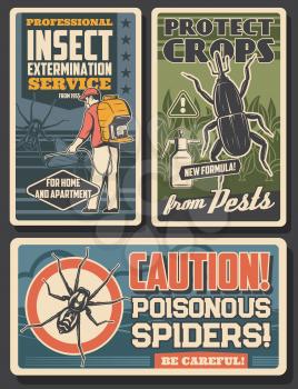 Pest control, disinfestation and insects fumigation, sanitary service vector vintage posters. Poisonous spiders caution warning sign, agriculture and domestic disinsection from bugs, weevil and moth