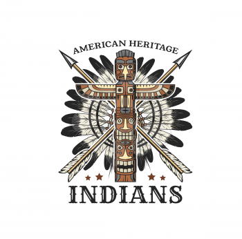 American indians tribal icon with totem pole, feather war bonnet and crossed arrows. Native americans tribe history museum retro vector emblem, icon or t-shirt print with indians culture symbols