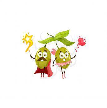 Olives cartoon characters man in cape and woman sorcerer and witch with magic heart with bow and star in hands isolated. Vector cute vegetable berries green olives emoticon, funny cut faces, leaves
