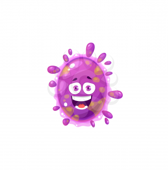 Cartoon virus cell vector icon, cute purple bacteria, happy laughing germ character with funny face and pimples. Smiling pathogen microbe with big eyes, isolated micro organism symbol