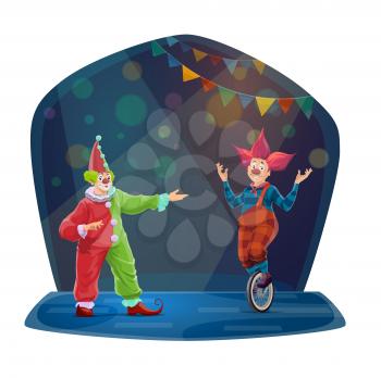 Circus cartoon clown characters. Funny vector Big top carnival funster and jester on monocycle in bright costumes, periwig, makeup and fake nose perform show on circus stage with flags and spotlight