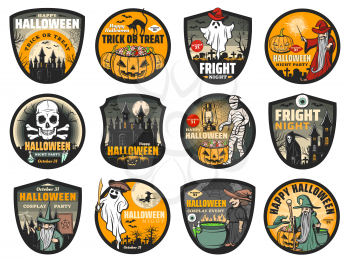 Halloween vector badges with pumpkins, horror ghosts and spooky bats, witch, skull and mummy, death skeleton, angry wizard and potion cauldron, haunted house, graveyard and moon. Trick or treat party