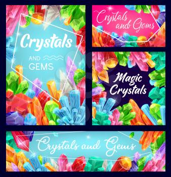 Crystals, gemstones and gem stone vector minerals. Gemstones and jewel diamond, gem minerals mining. Natural quartz, salt and amethyst rock with facet shine, ruby, sapphire and emerald magic crystals