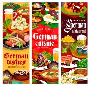 German restaurant dishes vector banner. German soup with sausages and stuffed herring rollmops, cabbage, cheese and potato salads, labskaus beef, bavarian and hamburg steak, almond cake and cherry pie