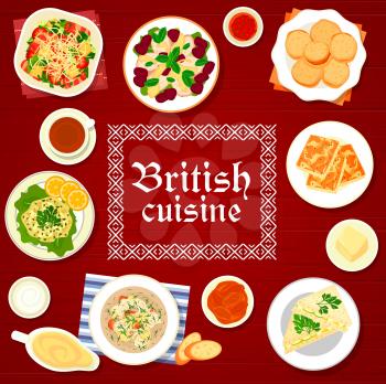 British cuisine menu cover. Smoked trout pate, chicken cherry salad and cheese toast, Irish fish soup, vegetable bacon salad with croutons and clotted cream with jam, scones, cucumber sandwich