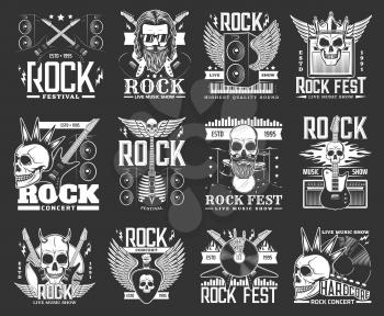 Hard rock music icons and symbols. Rock music festival, live concert and band show performance vector monochrome emblems, retro icons with smiling human skulls, electric guitar and vinyl discs