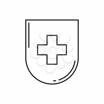 Swiss quality shield isolated thin line icon. Vector Switzerland flag emblem, national symbol, protection and security sign. Healthcare medicine cross, medical help and assistance badge, official flag