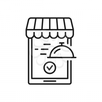 Express lunch delivery, online orders mobile application in smartphone isolated outline line art icon. Vector fast online food shipping services, takeaway takeout meal, cafe restaurant order accepted