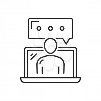 Person writing message on computer isolated thin line icon. Vector copywriter or writer typing text online, distance education and examination, chat or online support, content editor typewriter