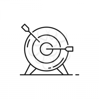 Target with arrow, standing on tripod isolated outline icon. Vector goal achieve concept, archery hit with two arrows, business success and leadership, opportunity and purpose. Aiming bullseye, darts