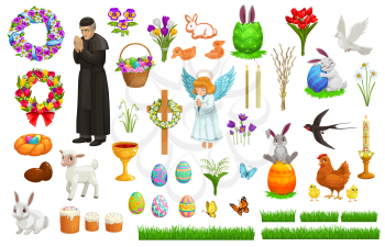Easter holiday vector characters, icons and symbols. Vector flower wreath, praying priest, basket with eggs, candles and angel, rabbit, sheep and hen with chick. Easter pastry cake and duck cookie