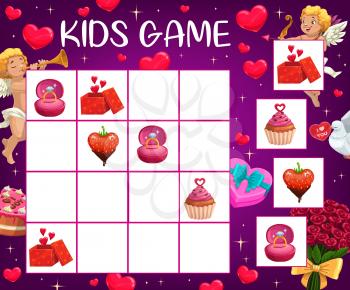 Saint Valentine day children logical puzzle with romantic gifts. Child rebus game, kid crossword or playing activity. Engagement ring, giftbox and cupcake, strawberry, cupid and flowers cartoon vector