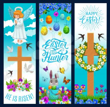 Easter holiday banners with eggs and bunny, angel, flowers and Christian cross. Happy Easter and He is risen greeting, floral wreath on crucifix, angel and doves in sky clouds, flowers and green grass