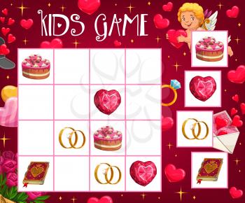 Saint Valentine day child crossword game with love symbols. Children logical riddle or rebus, kids math puzzle. Cake and gem in heart shape, wedding rings and cupid, romantic letter cartoon vector