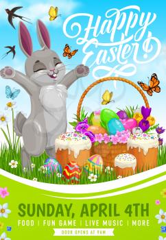 Easter egg hunt party vector flyer. Easter bunny with egg hunt basket, sweet bread, spring green grass and flowers, cake, flying butterflies and swallow birds, invitation poster design