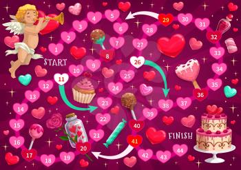 Valentine day children labyrinth game with cupid and holiday sweets. Kids maze with finding path task activity. Cherub character with horn, wedding cake and hearts, candies, cupcake cartoon vector