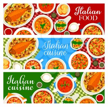 Italian food vector vegetable salad caponata, milanese cream soup and fish sicilian. Minestrone soup, eggs florentine with tomato or lentil soup with ditalini pasta, Italy cuisine cartoon banners set