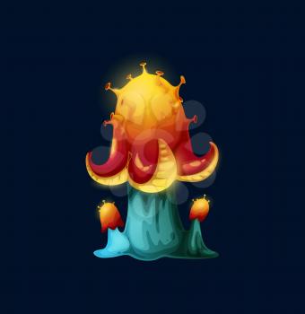 Fantasy magic octopus mushroom with tentacles. Toxic vector luminous fungus with suckers on cap and palps. Unusual fairy tale ui game asset, Natural gui element, interface, cartoon sea monster plant