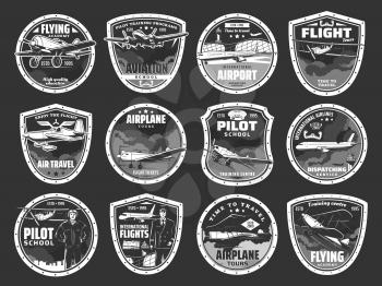 Aviation academy and airline airport icons set. Individual air tours, dispatching service emblem or badge. Passenger airliner, vintage propeller monoplane and biplane aircraft vector
