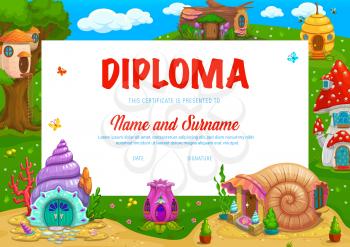 Kids diploma with cartoon mushroom, flower and beehive, vector seashell and stump fairy dwellings. Certificate or school diploma award with gnome or dwarf houses of tree log and underwater shells