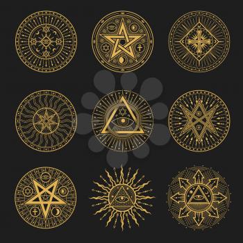 Occult signs, occultism, alchemy and astrology symbols. Vector sacred religion mystic emblems magic eye, masonry pyramid, egyptian ankh cross, sun or moon with rays, pentagrams esoteric icons set