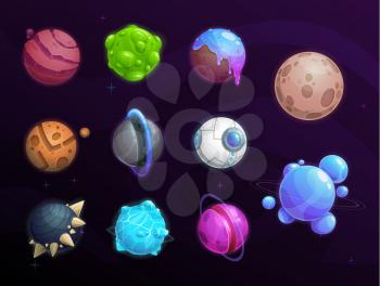 Planets of fantasy space cartoon vector set, game ui, gui or user interface design. Galaxy universe of alien world with planets, stars, asteroids and orbit satellites, craters, ice, rings and horns