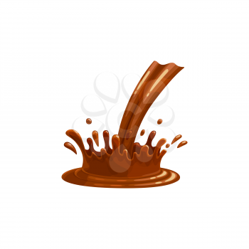 Chocolate pour and splash, liquid drop sauce, vector isolated icon. Chocolate flow of dark cocoa candy cream with swirls and pour splash drops and drips, cacao drink and syrup melt stream
