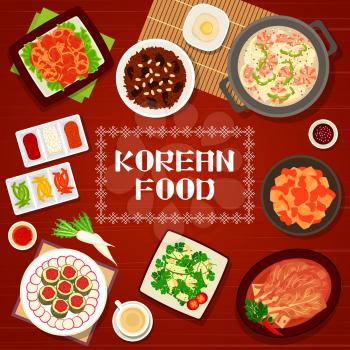 Korean cuisine food, Asian restaurant menu dishes and menu cover, vector. Traditional Korean cuisine dinner and lunch meals, rice, kimchi and hot pot soup bowls with seafood fish, meat and desserts