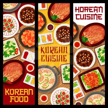 Korean cuisine food banners, Asian restaurant menu, vector Korea rice, kimchi and hot pot soup bowls. Korean food, traditional stir fried fish cake eomuk bokkeum, sweet rice yaksik dessert and kimchi