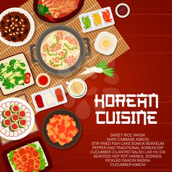Korean food, Korea cuisine and Asian dishes meals, vector menu cover for restaurant. Korean cuisine traditional lunch and dinner dishes, kimchi cabbage, meat and seafood hot pot and rice soup bowls
