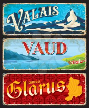 Valais, Vaud and Glarus Swiss cantons plates. Vector vintage banners with Switzerland travel touristic landmarks, settlement on lake, map and mountains. Aged retro signs, grunge boards or postcards