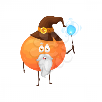 Cartoon orange fruit wizard or magician character, vector kids fairy tale personage. Funny cute orange fruit as wizard or sorcerer with magic wand or power stick and witch hat