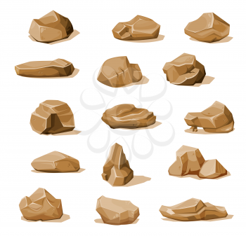 Cartoon brown rock stones and boulders. Rubble, gravel or cobble vector set. Mountain natural elements for design, geological materials, rocky pieces of different shapes isolated on white background