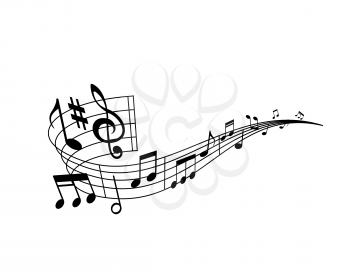 Music wave of musical staff, notes, sharp key, treble clef and bar lines. Vector round swirl with musical notation symbols of classic melody, tune or song, isolated curve of sheet music for piano