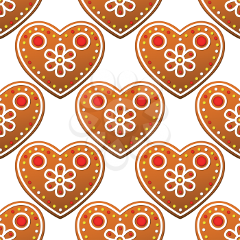 Gingerbread cookies seamless pattern with heart shapes for christmas design