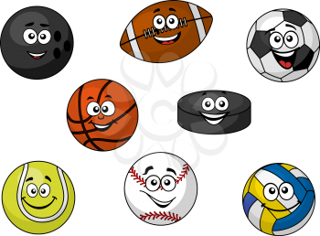 Cartoon illustration of a set of happy sporting balls and equipment with tennis, soccer, rugby, football, cricket, volleyball and an ice hockey puck