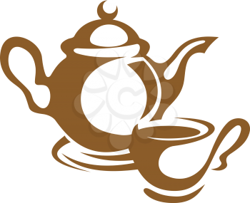 Simple monotone icon of a teapot and cup and saucer in brown, over white background