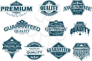Collection of labels denoting Premium Quality with various texts including premium, quality, guaranteed, awesome and satisfaction on different shaped shields in blue on white