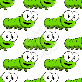 Seamless pattern of cute cartoon green caterpillars with large googly eyes in square format