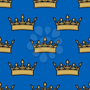 Seamless pattern of gold crowns on a blue background in a heraldic concept