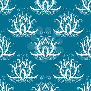 Pretty blue and white vintage floral repeat seamless pattern with ornate dainty calligraphic motifs suitable for fabric and wallpaper