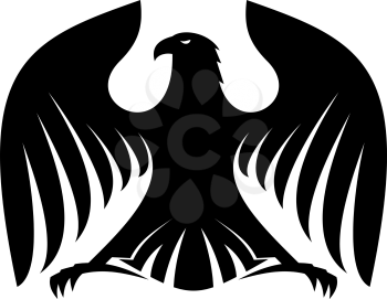 Stylized powerful black eagle silhouette with outspread wings and claws and his head turned sideways for heraldry design