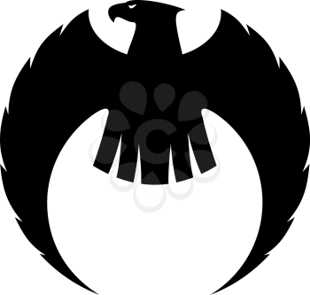 Powerful eagle silhouette with long curved wings and a fierce looking head turned to the side, black and white vector illustration