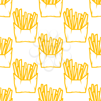 Seamless pattern of boxes of takeaway French fries in a golden outline in square format