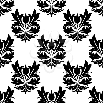 Bold black and white arabesque seamless pattern with large repeat floral motifs in square format suitable for wallpaper and textile
