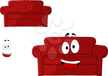 Fun cartoon upholstered red couch, settee or sofa with a big happy smile isolated on white