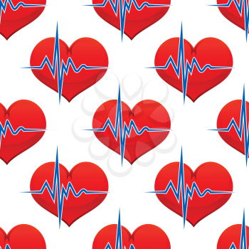 Red heart with a heart beat pulse in a healthcare and medical concept in a seamless background pattern in square format