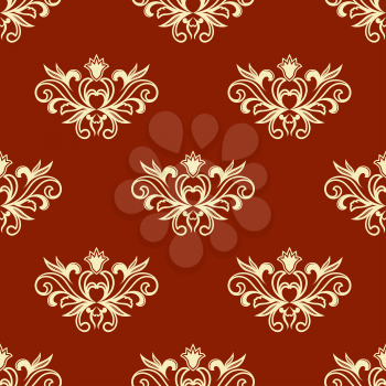 Yellow colored floral seamless pattern with red background in damask style for wallpaper, tiles and fabric design in square format